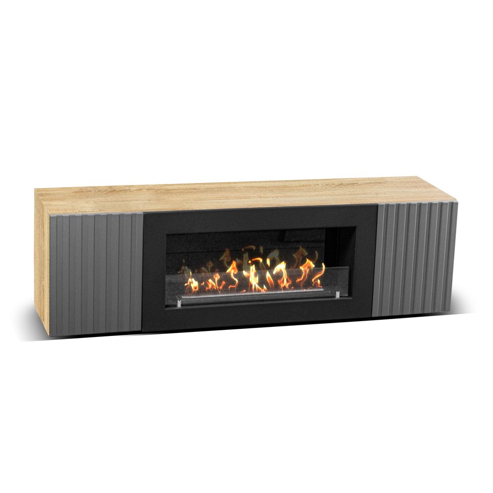 Тумба под ТВ с биокамином SteelHeat LIVORNO IMPULSE 140 см (корпус дуб Сонома / фасады Гротто Гранит)