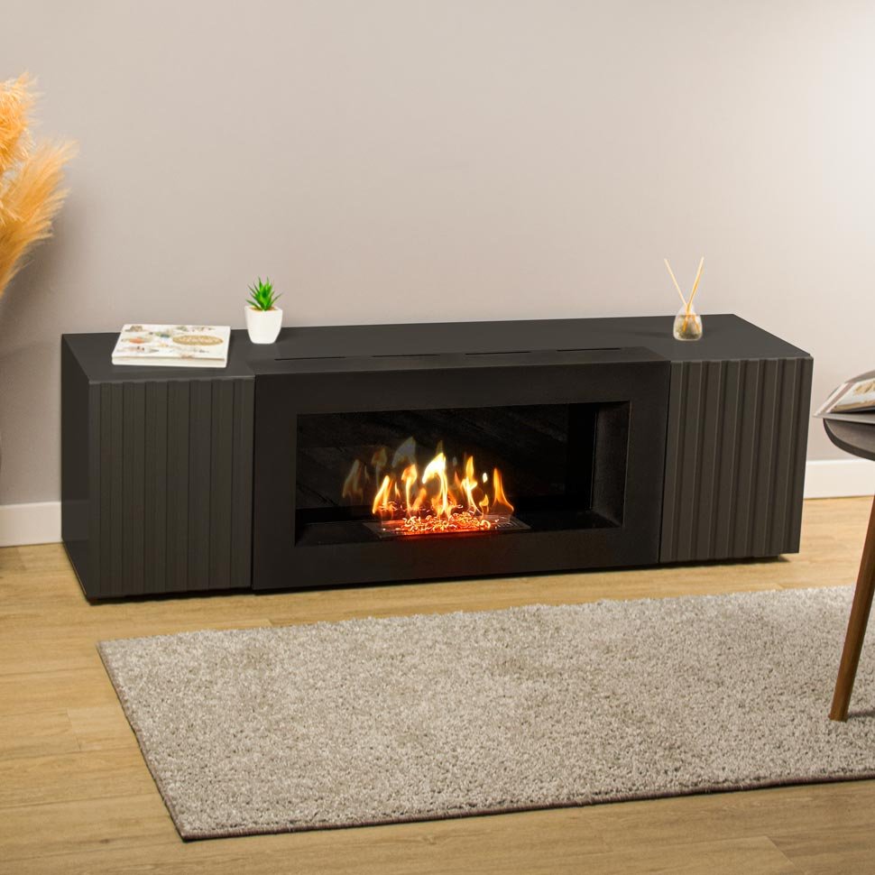 Тумба под ТВ с биокамином SteelHeat IMOLA IMPULSE 140 см (корпус черный / фасады черный)